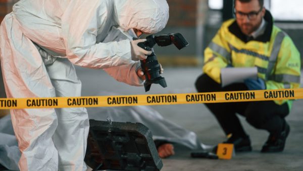 Forensic expert in a hazmat suit photographing a crime scene with police oversight.